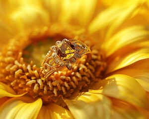 Beautifully ornate gold ring with diamond, placed on bright yellow sunflower petals, showcasing intricate details and sparkling gemstones.