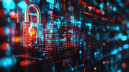 Close-up of a secure digital network with an illuminated padlock symbol representing cybersecurity and data protection.