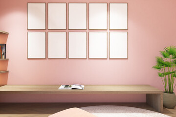 3d render of tatami bedroom with daybed window,  lower desk, plant decoration and frames mock up. Wood parquet floor, pink wall finish and white flat ceiling. Set 8
