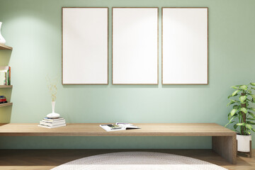 3d render of tatami bedroom with daybed window,  lower desk, plant decoration and frames mock up. Wood parquet floor, green wall finish and white flat ceiling. Set 7