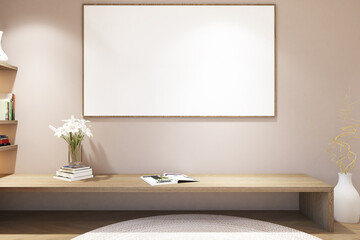 3d render of tatami bedroom with daybed window,  lower desk, plant decoration and frames mock up. Wood parquet floor, beige wall finish and white flat ceiling. Set 9