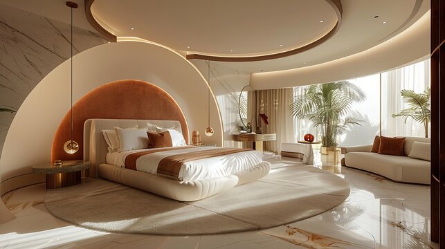 The hotel bedrooms are decorated with bright colors and modern luxury. Complete with a round rug and stylish curved walls, white sofas, beds and armchairs provide comfort. and luxurious marble floors