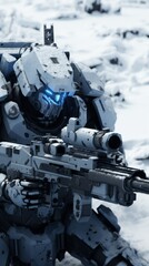 Longrange robotic marksman in a snowy field, top view, depicting isolation and focus, futuristic tone, Monochromatic Color Scheme