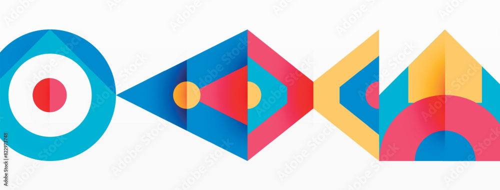 Poster The scene depicts a sequence of dynamic geometric shapes set against a simple white background, including triangles, rectangles, circles, and patterns in vibrant electric blue