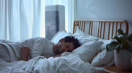 A man is sleeping on a bed with a plant next to him generated by AI