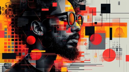 Digital design and visual material drawing neubrutalism tiny person concept. Website layout, interface or corporate style creation with geometric figures, fonts, color and shapes vector illustration