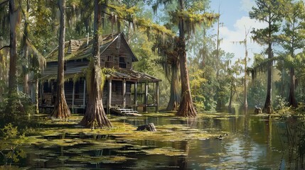 A realistic depiction of a cabin on stilts in a swamp, surrounded by cypress trees draped with moss, on a sunny day, captured from a distance.