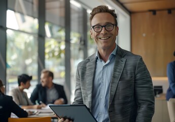 Fototapeta premium A man in a suit is smiling and holding a tablet generated by AI
