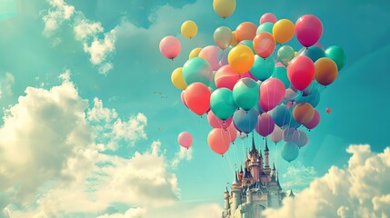 A fantasy castle suspended in the sky, encircled by vibrant balloons.