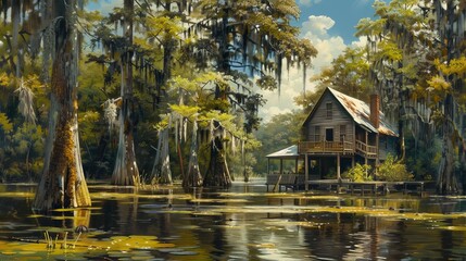 A realistic depiction of a cabin on stilts in a swamp, surrounded by cypress trees draped with moss, on a sunny day, captured from a distance.