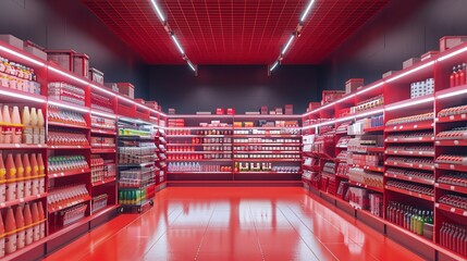 Red and white supermarket shelf directly ahead with products
