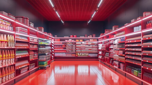 Red and white supermarket shelf directly ahead with products