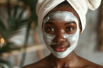 Fototapeta premium Black woman with a white towel on her head and a face mask on her face. She is smiling and looking at the camera