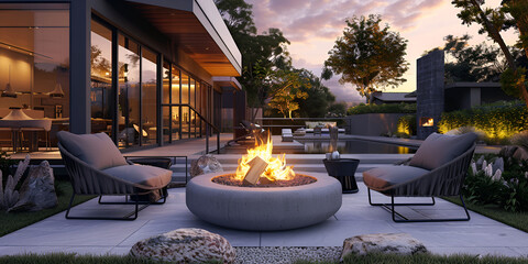 A backyard lounge area with a fire pit table