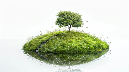 A fairy tale planet covered in grass with small, delicate white flowers, a clear, beautiful stream with reflections, and a single large tree. Realistic photo on a white background
