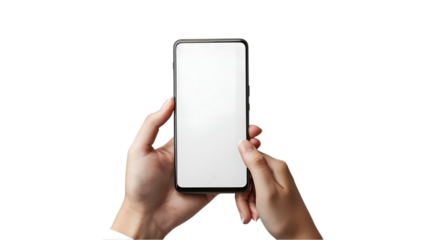 hand holding black cell phone smartphone with blank white screen and modern design isolated on a transparent background