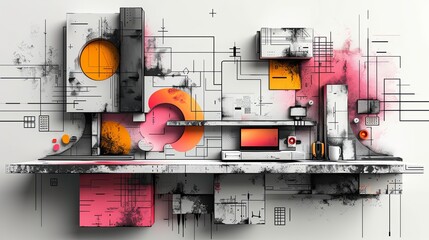 Digital design and visual material drawing neubrutalism tiny person concept. Website layout, interface or corporate style creation with geometric figures, fonts, color and shapes vector illustration