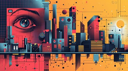 Obraz premium Digital design and visual material drawing neubrutalism tiny person concept. Website layout, interface or corporate style creation with geometric figures, fonts, color and shapes vector illustration