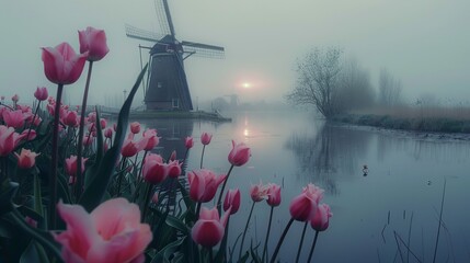 An instant photo of spring tulips in the morning, featuring a dreamy landscape in Holland with a windmill, canal, and traditional Dutch house