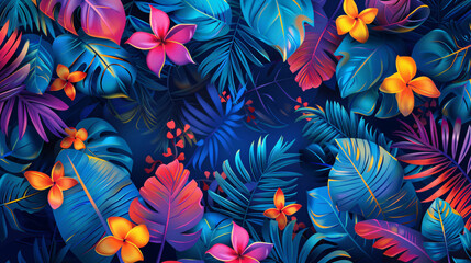 Modern graphic illustration of a Hawaii-inspired jungle with vibrant leaves and exotic flowers