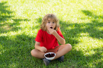 Kid sit on grass and eat cherry. Kid picking and eating ripe cherries. Happy child holding fresh fruits. Healthy organic berry cherry fruit, summer season.