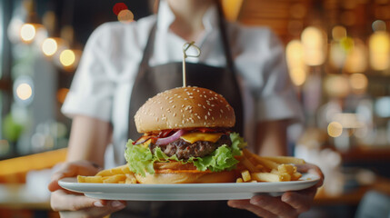 Close up of hands holding tray with burger and fries, fast food restaurant background. asian waitress in uniform serving diner meal at table for family or group people
