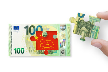 Euros note on a white background. Taxes for chinese electric cars import in Europe Union. 