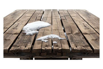 Wooden table top with snow isolated on a white background