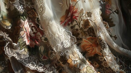 Intricate floral details and rich textures of vintage fabrics, such as lace, embroidery, or tapestries, highlighting their timeless elegance 