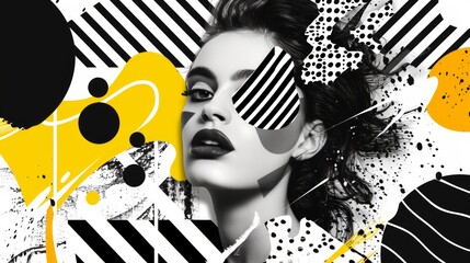 Collage background, Artistic fashion background featuring a girl image, Paper collage art, Creative yellow and monochrome collage elements. Generative AI
