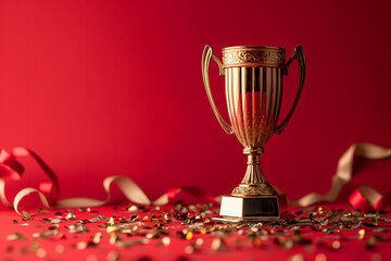 Golden trophy against a red background with scattered gold confetti, creating a festive atmosphere