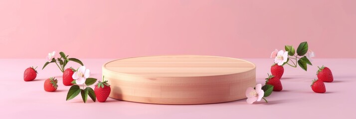 Minimal wooden pedestal for product presentation in pastel pink background, fruit strawberry around