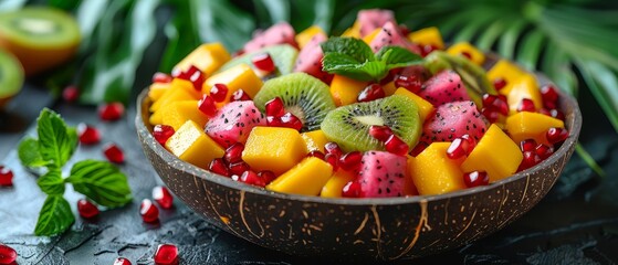 Fresh and colorful fruit salad in a textured bowl with mango, dragon fruit, kiwi, and garnished with pomegranate seeds