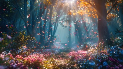 Enchanted forest with mystical lighting and colorful flora
