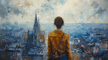 Scenic artwork of a woman exploring a city's famous sights, illustrated with a palette knife and rich color palette