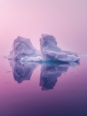 Fototapeta premium Arctic icebergs under the sunset, vast light purple backdrop, ample space atop for text