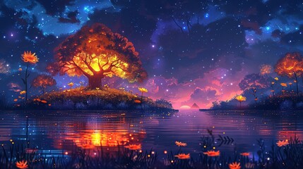 Fototapeta premium Glowing Grove: Cartoon Neon Night Forest