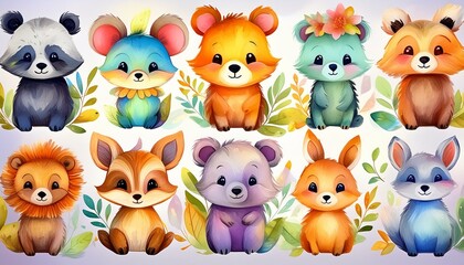 Fototapeta premium cute watercolor wildlife baby animals illustrations set