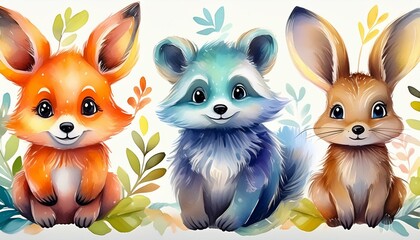 Fototapeta premium cute watercolor wildlife baby animals illustrations set