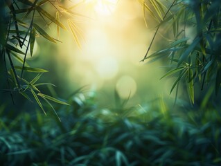 Sunlight filters through a bamboo forest, against an isolated green backdrop with top copy space