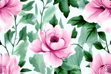 Seamless watercolor floral pattern with grunge textured distressed floral background in pink and green. Floral garden vector design for textile print, card and wallpaper