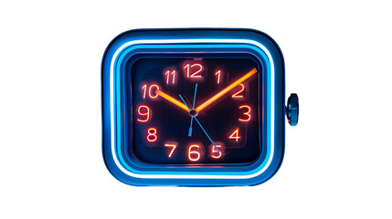 fashionable analog mechanical desktop alarm clock with blue neon light isolated on a transparent background