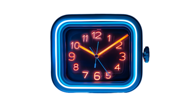 fashionable analog mechanical desktop alarm clock with blue neon light isolated on a transparent background