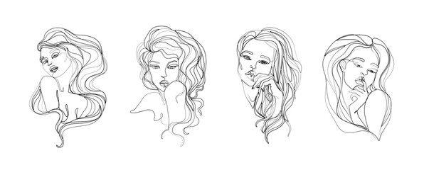 Woman beauty set abstract silhouette, young fashion girl, modern abstract line women, continuous line drawing, tattoo, logo design for spa beauty salon, card, isolated vector illustration.