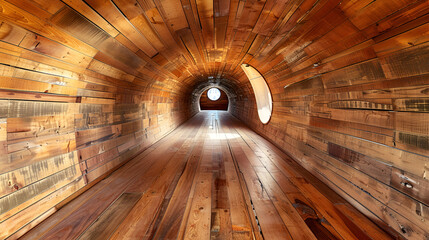 A wooden tunnel with a window in the middle, featuring hardwood flooring stained with varnish in...