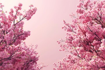 Cherry blossom trees in full bloom stand against a light pink backdrop, offering ample top space