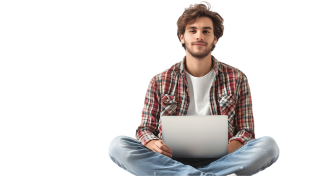 man sitting cross-legged on the floor with a laptop isolated on a transparent background - Powered by Adobe