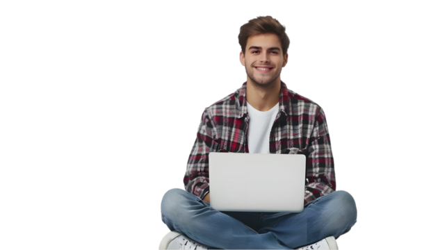 man sitting cross-legged on the floor with a laptop isolated on a transparent background