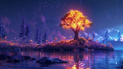 Neon Nook: Whimsical Night Forest with Luminous Flora