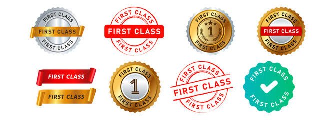 first class circle seal badge and ribbon sign for recommended business modern comfort commercial